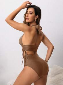 Swim Lushoire Versatile Adjustable Drawstring Women's Swimwear Set - Brown - View 2