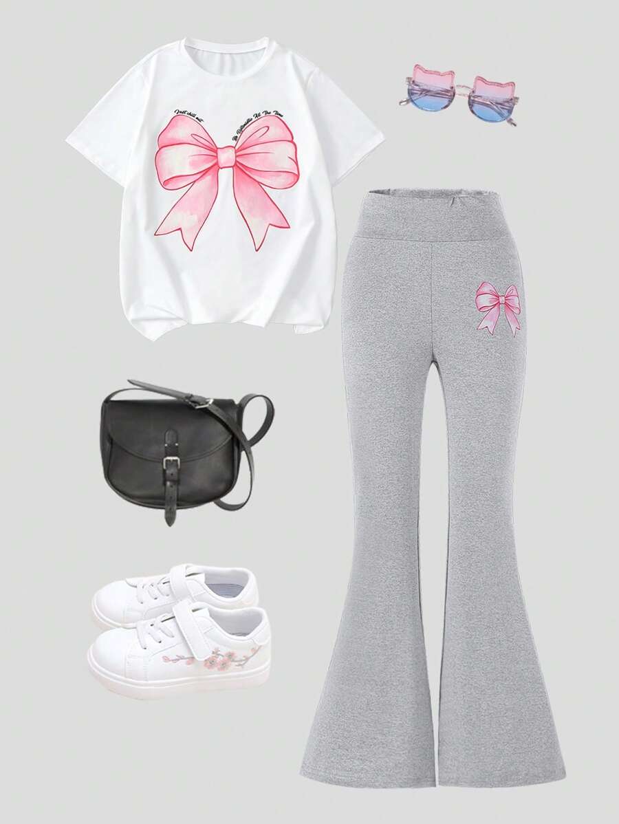 2pcs/Set Teen Girls Pink Bow White Crew Neck Short Sleeve T-Shirt And Grey Bow Print Knit Snug Fit Flared Pants Set - Multicolor - View 1