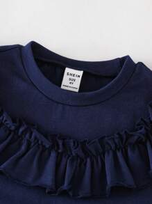 SHEIN 女童海军蓝荷叶边 T 恤和条纹裤套装，春夏 - 藍色 - 查看 3