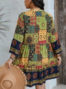 SHEIN VCAY Plus Size Vacation Casual Patchwork Print Dress Boho Women Clothing Women Plus Clothing Boho Women Clothing Boho Women Boho Dress Boho Plus Size Dress