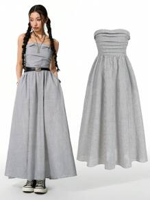 SHEIN Tween Girls Spring/Summer Striped Print Slant Pocket Tube Longline Dress - Black and White - View 1