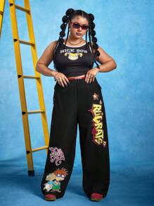 Nick 90s X SHEIN Pantalones holgados de talla grande con estampado gráfico de niños de cómics de dibujos animados negros en estilo Y2K, para primavera/verano, rave, conciertos, festivales, estilo callejero occidental vaquero, retro de los 90