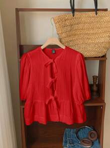 Comfortcana 亚麻雪纺圆领泡泡袖系带女式衬衫