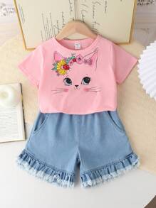 SHEIN 2 件年轻女孩休闲卡通印花短袖上衣和牛仔短裤套装 - 彩色 - 查看 1