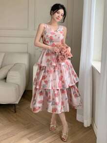 DAZY Vestido midi con cuello en V floral y sin mangas, con volantes, para mujer
