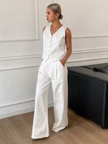 DAZY Women Single-Breasted Casual Denim Vest And Loose Fit Jeans Set - White - View 6