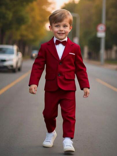 SHEIN Conjunto de 2 piezas para niños pequeños: 1 pieza blazer de ajuste holgado de unicolor con bolsillo y botones de contraste, 1 pieza pantalón de ajuste relajado de cintura elástica de unicolor. Este conjunto de traje de manga larga de unicolor en estilo empresarial muestra un diseño elegante, minimalista y generoso, adecuado para fiestas de cumpleaños, eventos nocturnos, bodas, bautizos, vuelta al colegio y festivales.