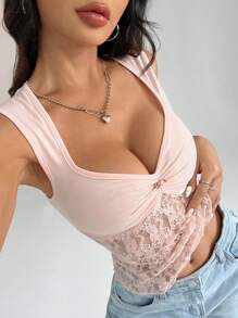 SHEIN Unity Pink Sexy Lace Patchwork Hollow Out Women Tank Top - Pink - View 1