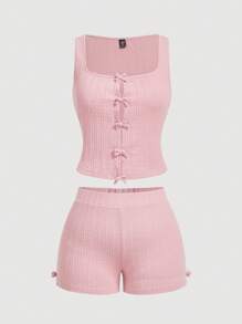 SHEIN MOD 大码女式提花针织吊带背心和短裤 2 件套，春夏装，女童休闲套装 - 粉色 - 查看 1