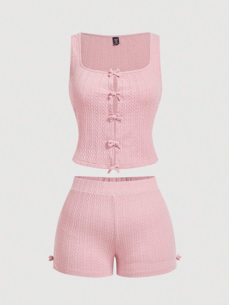 SHEIN MOD 大码女式提花针织吊带背心和短裤 2 件套，春夏装，女童休闲套装 - 粉色 - 查看 1