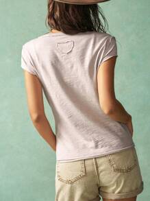 Bohemela Boho Solid Color V-Neck Short Sleeve Fitted Washed Women T-Shirt