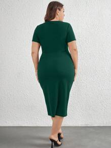 SHEIN Privé Vestido midi ajustado de color liso y elegante para talla grande, para ir a la oficina - Verde Oscuro - Ver 2