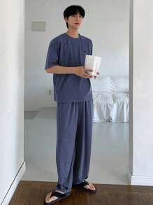 DAZY 1 Set Men's Summer Solid Gray T-Shirt And Pants Matching Pajama Set, Fall Winter Clothes - Blue - View 4