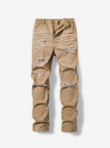 Denimly Boys' Fashion Casual Versatile Academic Denim Pants, Elastic Waist, Zipper Front, Ripped Distressed Washed Jeans - Khaki - View 2