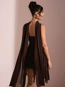 SHEIN BAE Summer Beach Vacation Elegant Solid Black Deep V-Neck Ribbon Mini Dress, Suitable For Daily Dating, Night Out, Nightclubs, Parties, Get-Togethers, Cocktail Parties, Holiday Jumpsuits, Pool Parties, Office Wear, Commuter Dresses,Valentine's Day,Valentine Outfits For Women - Coffee Brown - View 6