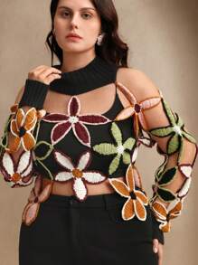 Anewsta 大码时尚性感镂空钩针针织毛衣套头衫秋冬款 - 黑色 - 查看 5