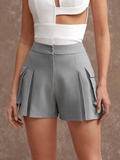 L'Amorae Pantalones cortos plisados de carga elegantes de oficina para mujer, de color gris primaveral, para mujer, de oficina, de dinero antiguo, de uso diario