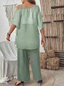 SHEIN Clasi Plus Size Vacation Casual Solid Color Asymmetrical Top & Wide Leg Pants 2 Pieces Set