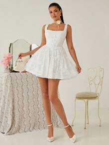 Enchnt 女士优雅纯色蕾丝蝴蝶结装饰连衣裙 - 白色 - 查看 2