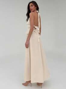 Aloruh 优雅通勤纯色简约百褶裙，修身长款正式 A 字裙 - 米色 - 查看 2