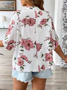 Breezaya Plus Size Ditsy Floral V-Neck Short Cap Sleeve Blouse