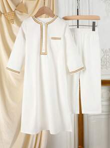 2pcs Young Boy Traditional Long Robe Abaya/Thobe Set For Ramadan/EID/Mubarak - White - View 1