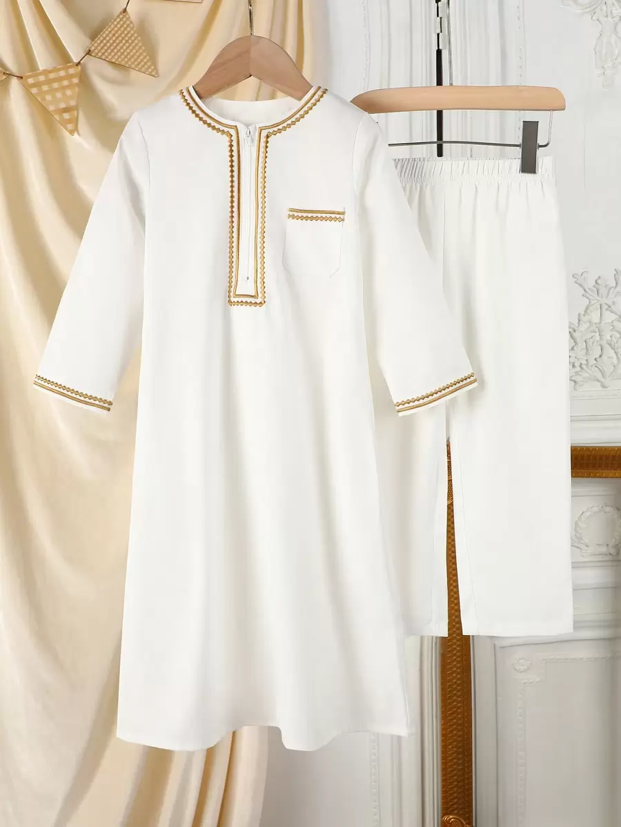 2pcs Young Boy Traditional Long Robe Abaya/Thobe Set For Ramadan/EID/Mubarak - White - View 1