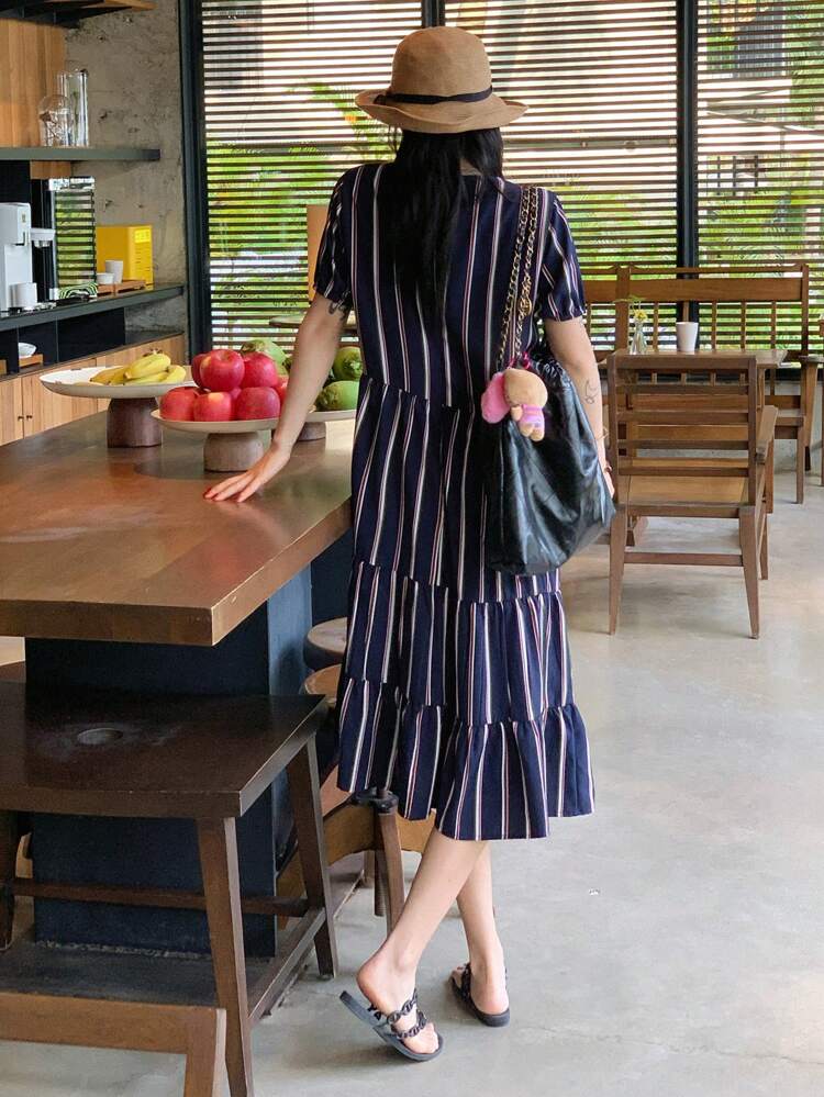 Striped Hollow Out Tie-Up Ruffled Hem Midi Dress For Women Sundress
