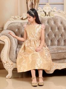 SHEIN Tween Girl Luxurious Retro Style Gold Jacquard Feather Accent Flare Dress - Pink - View 6