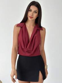 Firerie Elegant Retro Burgundy Draped Neck Blouse, Suitable For Daily Commute, Wedding, Spring & Summer - Burgundy - View 6