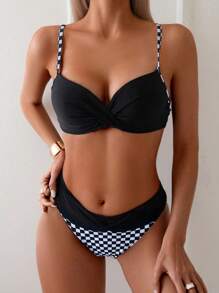 Swim Lushoire Conjuntos de biquíni com estampa floral para mulheres, moda praia, primavera - Preto e Branco - Ver 3