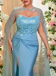 Glamrae Große Größen romantisches & elegantes Quadratausschnitt Kleid mit Perlen, Pailletten, Flickwerk, elastischen Seitenschlitzen, Fischhemmsaum, abnehmbaren Volants, Abendkleid für formelle Anlässe, Hochzeitsgast Kleid, Partykleid - Minzgrün - Übersicht 5
