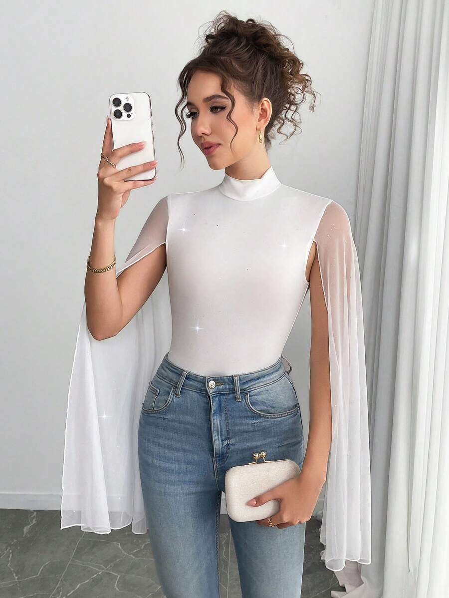 Islaluna 亮片对比网眼开衩高领紧身衣，派对装