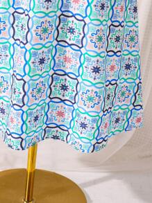 Tween Girl Retro Print Embellished Ribbon Collar A-Line Dress - Blue - View 5