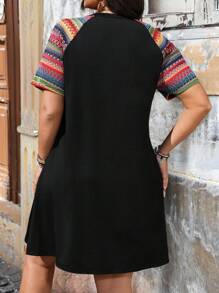 SHEIN LUNE Women's Casual V-Neck Patchwork Button Decor Dress, Spring/Summer - Black - View 2