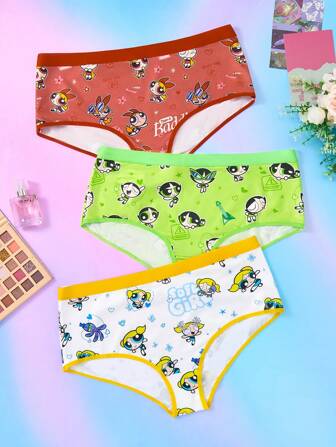 THE POWERPUFF GIRLS X SHEIN 大码女士花朵、泡泡、毛茛图案内裤