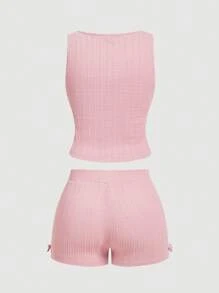 SHEIN MOD 大码女式提花针织吊带背心和短裤 2 件套，春夏装，女童休闲套装 - 粉色 - 查看 2