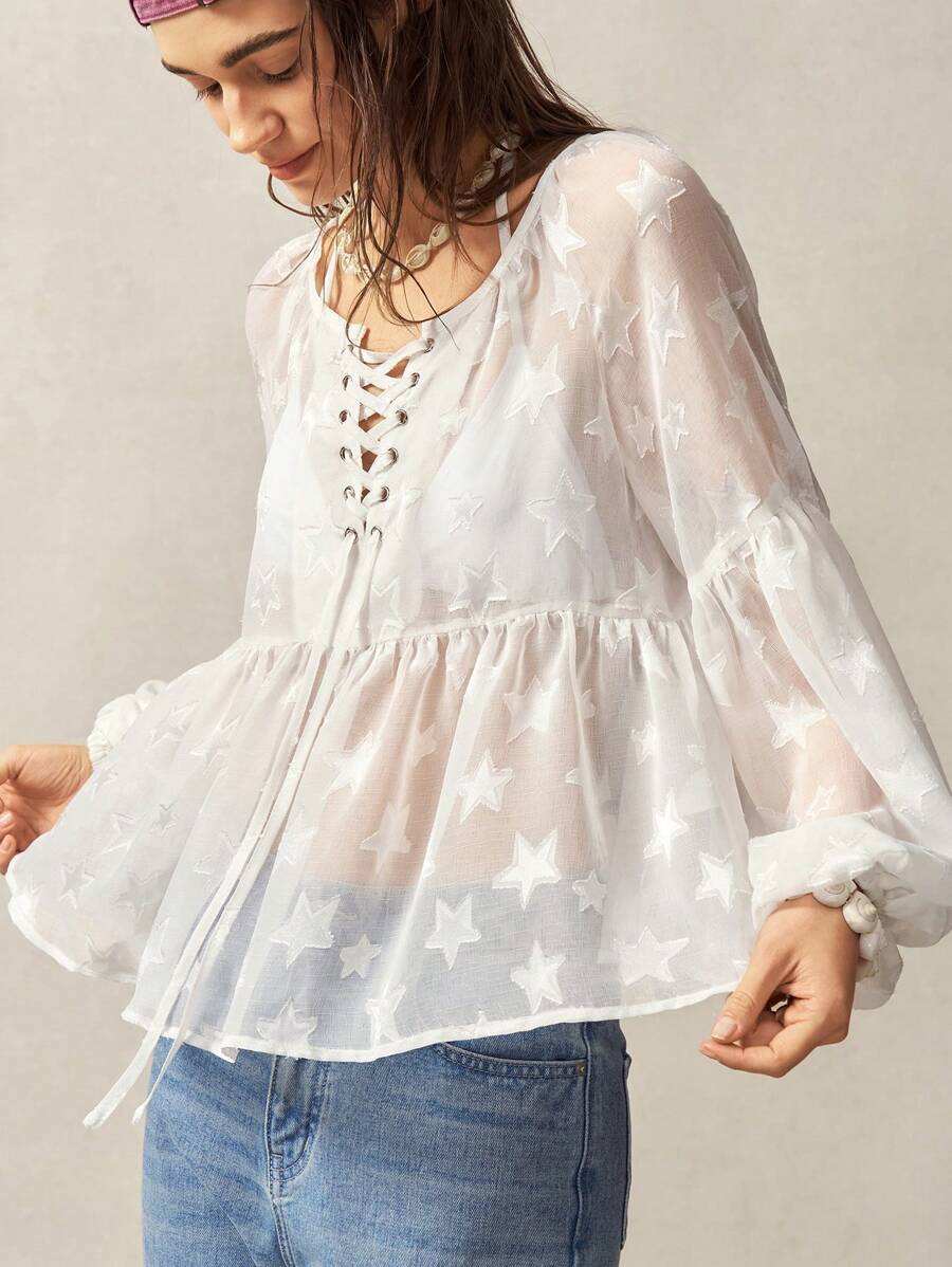 Bohemela Áo cánh tay dài rộng rãi họa tiết dệt trơn màu lễ hội âm nhạc Boho mùa hè cho nữ - trắng - Xem 1