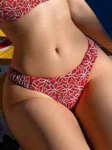 Swim Mod Women Summer Vacation Textured Floral Printed 2pcs Casual Resort Beachwear Bikini Set - Red and White - View 5