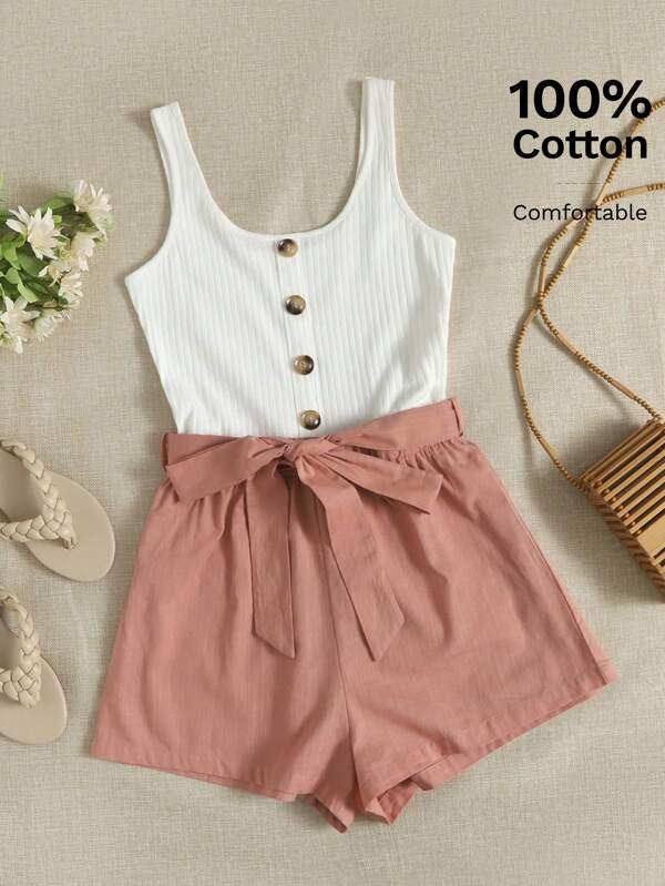 SHEIN VCAY Button Front Colorblock Belted Combo Tank Romper