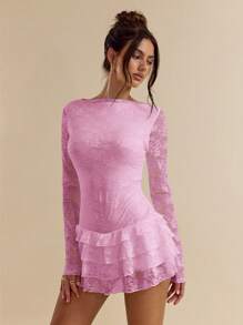 SHEIN BAE 女士纯色优雅花卉蕾丝长袖分层荷叶边下摆迷你连衣裙，适合夜间外出、俱乐部、生日派对、情人节 - 淺粉色 - 查看 4