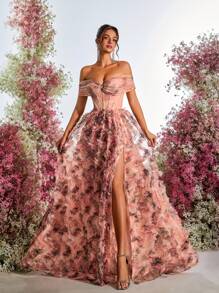 Glamrae Vestido largo de noche elegante, multicolor y romántico con estampado floral de tul, hombros descubiertos, abertura lateral alta y silueta de línea A para eventos formales, fiestas y bodas