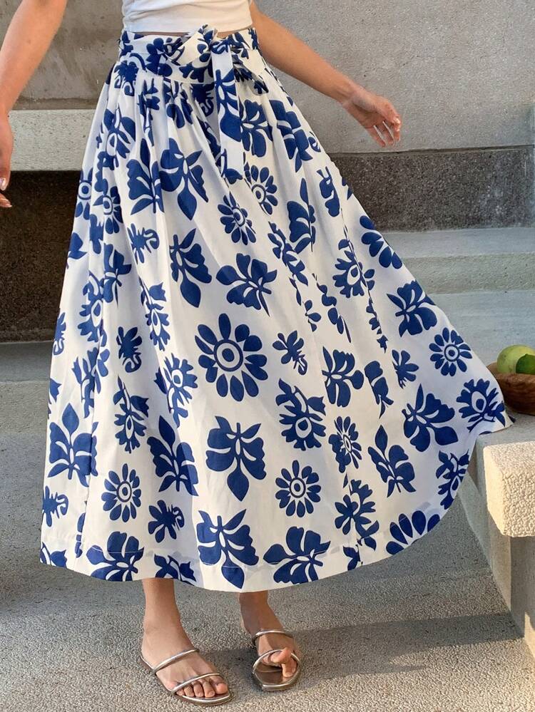 Women's Floral Print A-Line Waist Belt Maxi Casual Skirt