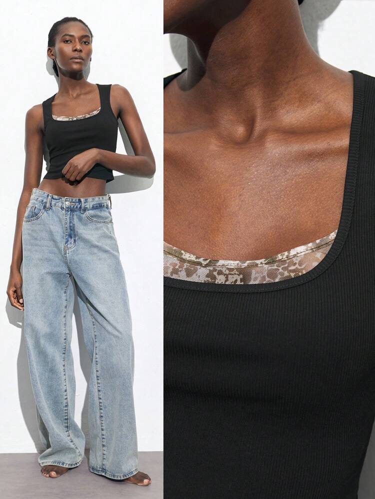 SHEIN Maija New Spring And Summer Black Splicing Leopard Print 2 In 1 Waist Sexy Urban Vacation Modern Elegant Romantic Women's Tops Suitable For Going Out Holiday Party Music Festival Old Money Style