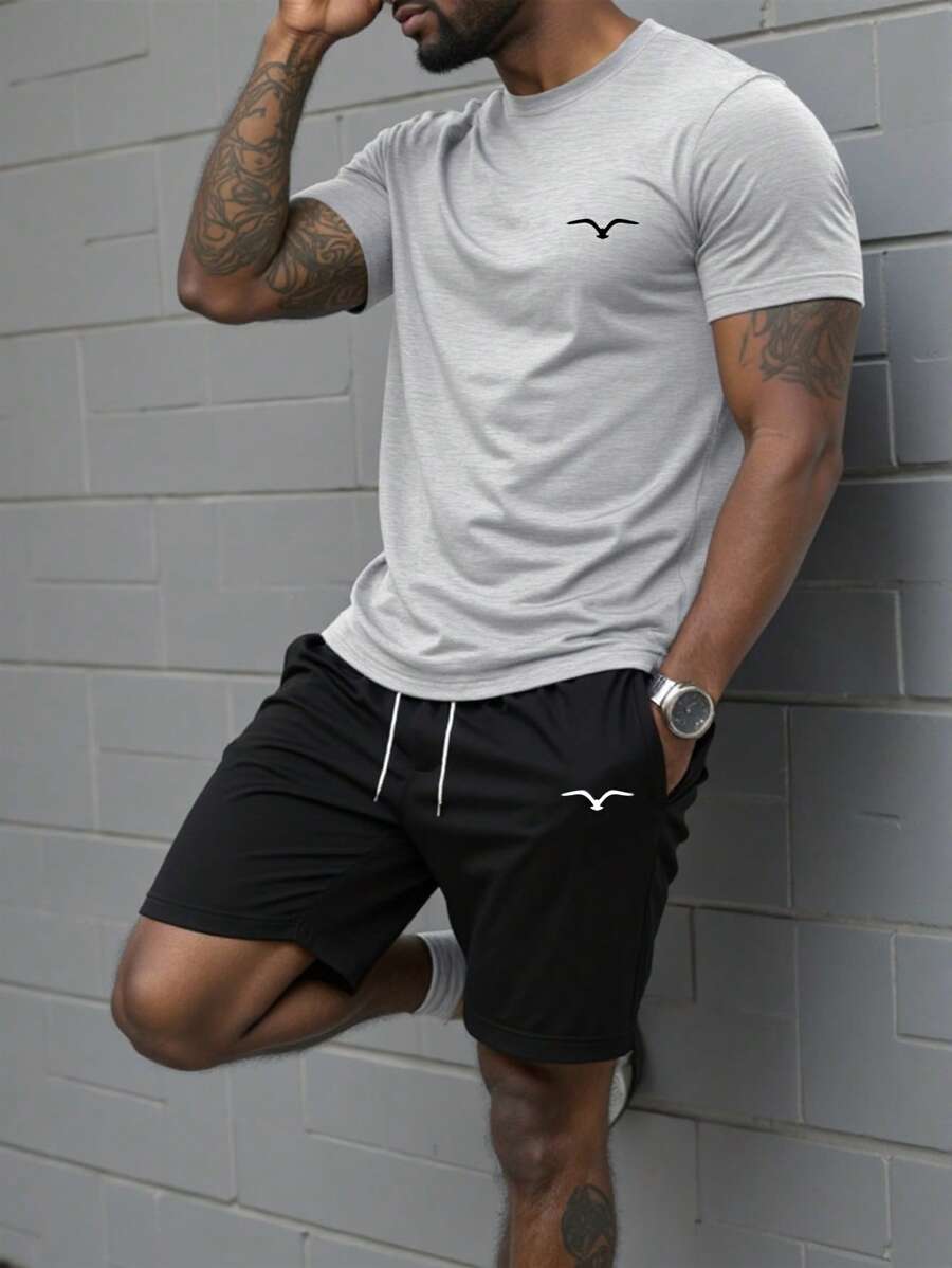 OTTIMOZO 2pcs Men's Plain Crew Neck Short Sleeve T-Shirt And Shorts Set Summer Outfits For Men - Multicolor - View 1