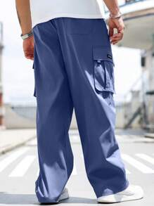 Manfinity Homme Plus Size Men's Casual Solid Color Drawstring Waist Cargo Pants - Baby Blue - View 2