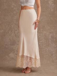 L'Amorae Solid Satin Lace Hem Detail Low Rise Midi Skirt