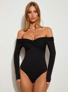COSMINA Women's Solid Color Twist Knot Off Shoulder Long Sleeve Bodysuit - Black - View 3