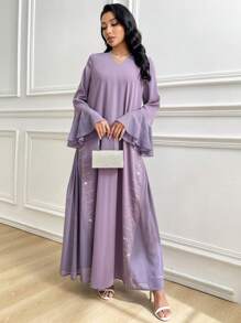 Al Najma Vestido largo tradicional y modesto de mujer con mangas de campana y decoración de brillantes