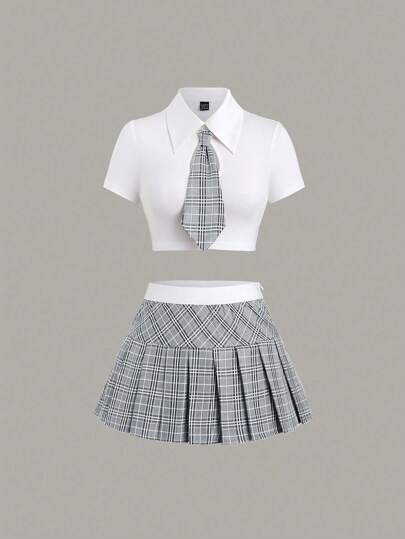 Sweetra 2 件/套：纯色 Polo 领短款上衣和格子印花百褶裙 Y2K 服装